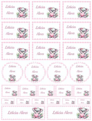 Kit de Etiquetas Escolares Coala Rosa Editável para Imprimir