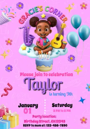 Editable Gracie's Corner Musical Birthday Invitation