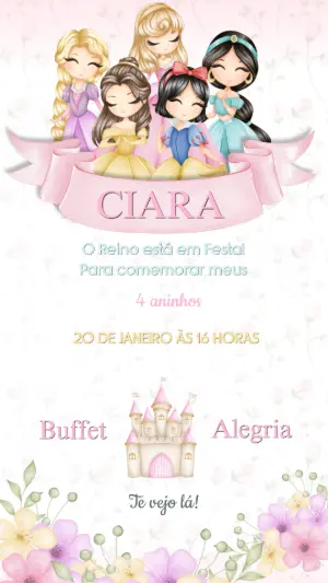 Convite de Aniversário Princesas Disney para Editar Online
