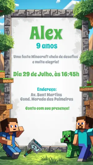 Convite de Aniversário Minecraft com Personagens para Editar