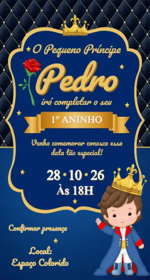 Convite O Pequeno Príncipe Azul e Dourado para Editar
