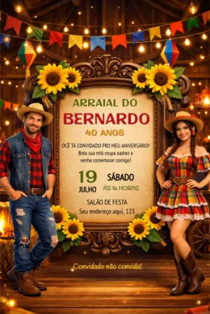Convite de Aniversário Arraial Rústico com Girassóis Editável