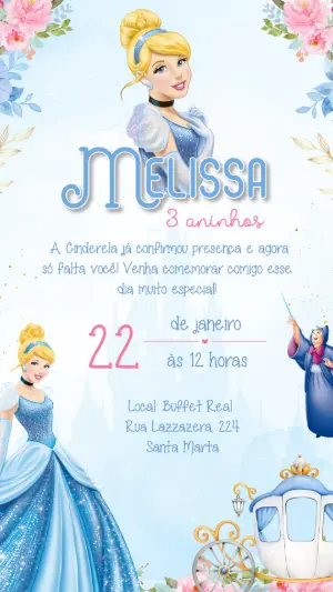 Convite de Aniversário Cinderela Azul Delicado para Editar