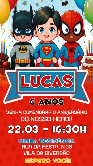 Convite de Aniversário Super-Heróis Cute para Editar