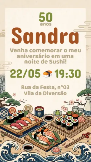 Convite de Aniversário Noite do Sushi Editável