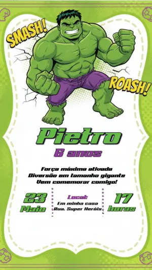 Convite Digital Aniversário do Hulk Modelo Editável