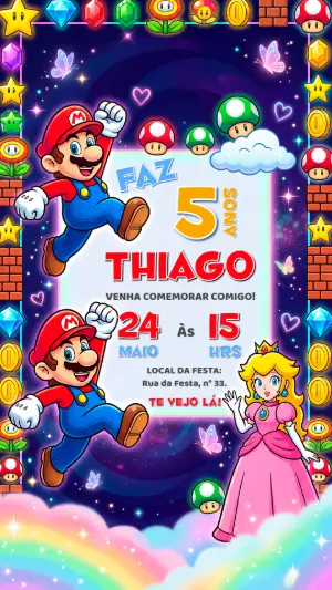 Convite de Aniversário Super Mario Galaxy Modelo Digital Editável