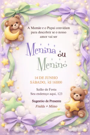 Convite Chá Revelação Ursinhos Fofos em Tons Pastel Editável