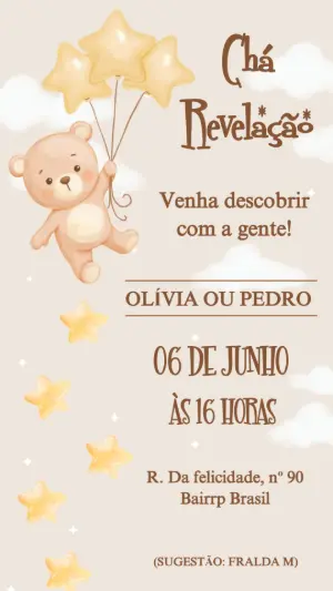 Convite Chá Revelação Ursinho Aquarela Editável
