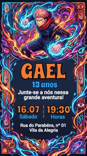 Convite de Aniversário Jujutsu Kaisen Estilo Anime Editável