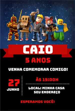 Convite de Aniversário Roblox com Personagens para Editar