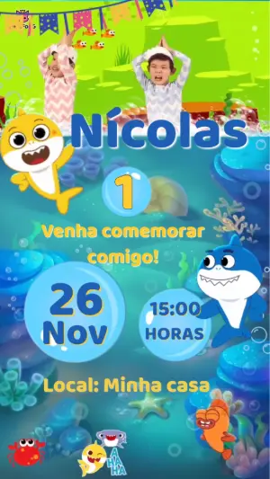 Convite Animado Aniversário Baby Shark para Editar Online