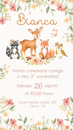 Convite Aniversário Infantil Bosque Aquarela Modelo Editável