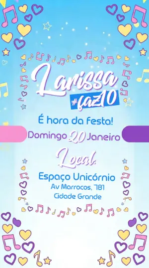 Convite de Aniversário Musical com Corações Modelo Editável