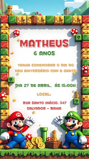 Convite de Aniversário Super Mario com Personagens para Editar
