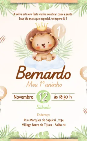Convite Aniversário Leão Aquarela para Editar Online