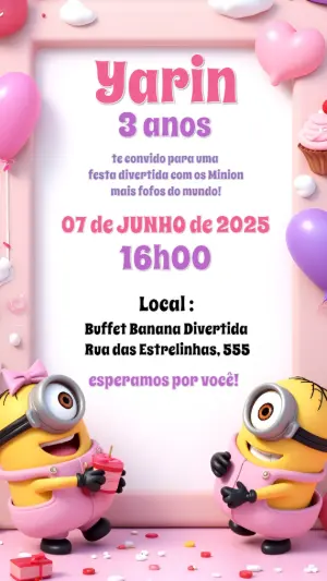 Convite Aniversário Minions Rosa para Editar Online