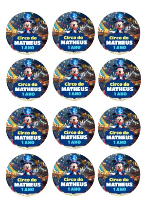 Adesivo Redondo Circo do Mickey para Editar Online e Imprimir