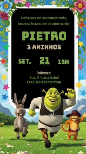 Convite de Aniversário Shrek com Personagens para Editar Online