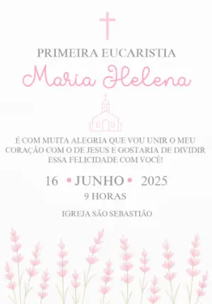 Convite Primeira Eucaristia Floral Rosa para Editar Online