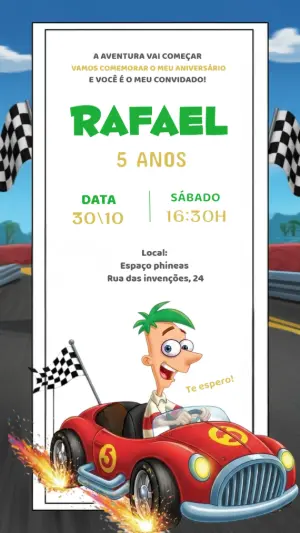 Convite Aniversário Phineas e Ferb Corrida para Editar Online