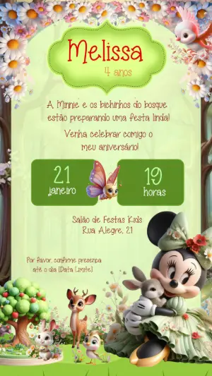 Convite de Aniversário Minnie no Bosque Editável para Menina