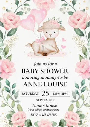 Pink Floral Sheep Baby Shower Invite | Editable Digital Template