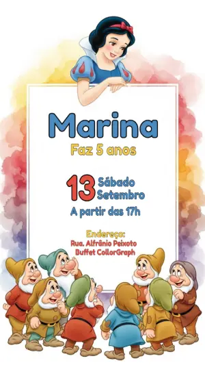Convite Aniversário Branca de Neve e os Sete Anões para Editar