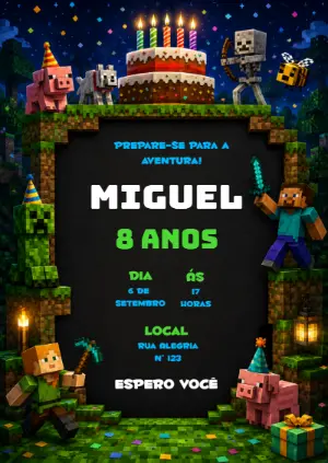Convite de Aniversário Minecraft: Modelo Digital e Editável