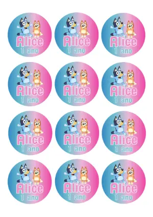 Adesivo Redondo Aniversário Bluey e Bingo para Editar Online