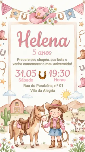 Convite de Aniversário Boiadeira Editável Tema Country Infantil