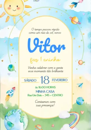 Convite de Aniversário Raio de Sol Aquarela para Editar