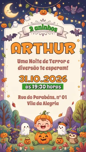 Convite de Aniversário Halloween Menino Fofo para Editar