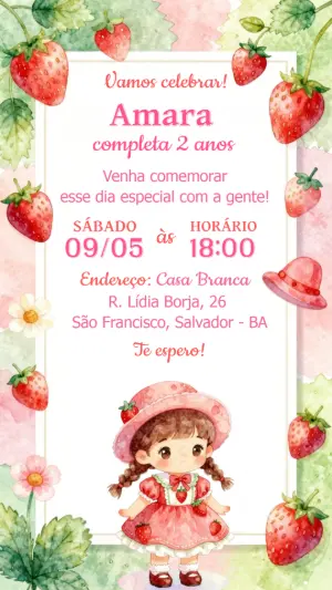 Convite de Aniversário Moranguinho Aquarela para Editar