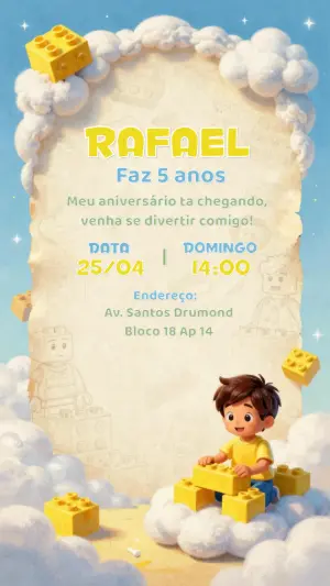 Convite de Aniversário LEGO Editável para Menino
