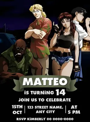 Black Lagoon Anime Birthday Invitation - Editable Template