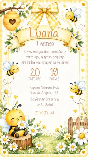 Convite de Aniversário Abelhinha Aquarela Editável