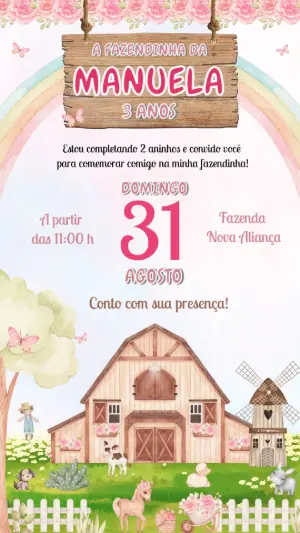 Convite Aniversário Fazendinha Rosa para Editar Online