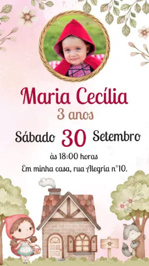 Convite Aniversário Chapeuzinho Vermelho com Foto para Editar