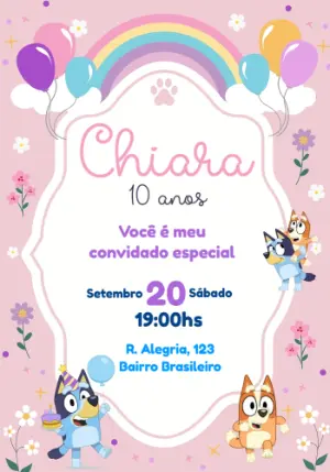 Convite de Aniversário Bluey Floral Rosa Editável