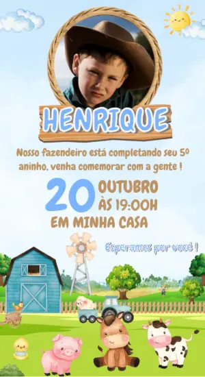 Convite Aniversário Fazendinha com Foto para Editar Online