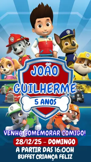 Convite de Aniversário Patrulha Canina com Personagens para Editar
