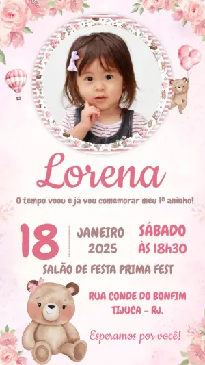 Convite de Aniversário Ursinha com Foto para Editar Online
