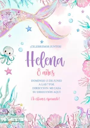 Invitación de Cumpleaños Sirena Acuarela para Editar