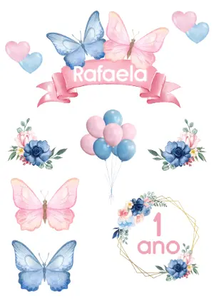 Topo de Bolo Borboletas Aquarela para Editar e Imprimir
