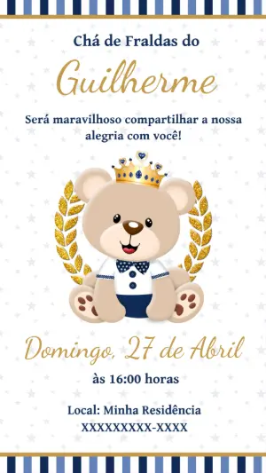 Convite Chá de Fraldas Ursinho Realeza para Editar Online