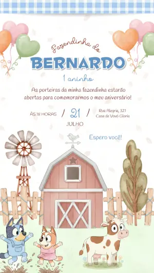 Convite de Aniversário Fazendinha Bluey Aquarela Editável