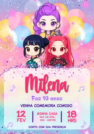 Convite de Aniversário Guerreiras do Kpop Modelo Editável
