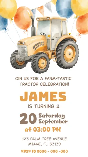 Watercolor Tractor Birthday Invitation Editable Template