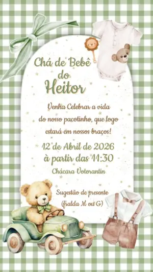 Convite Chá de Bebê Ursinho Verde Clássico para Editar